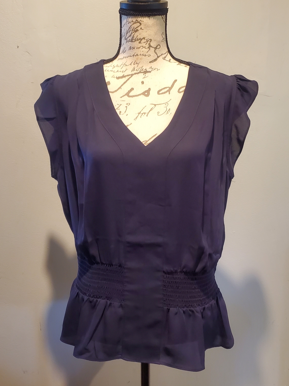 Tommy Hilfiger Navy Blue Smocked Peplum V-Neck Blouse Top Size L  Business Boho